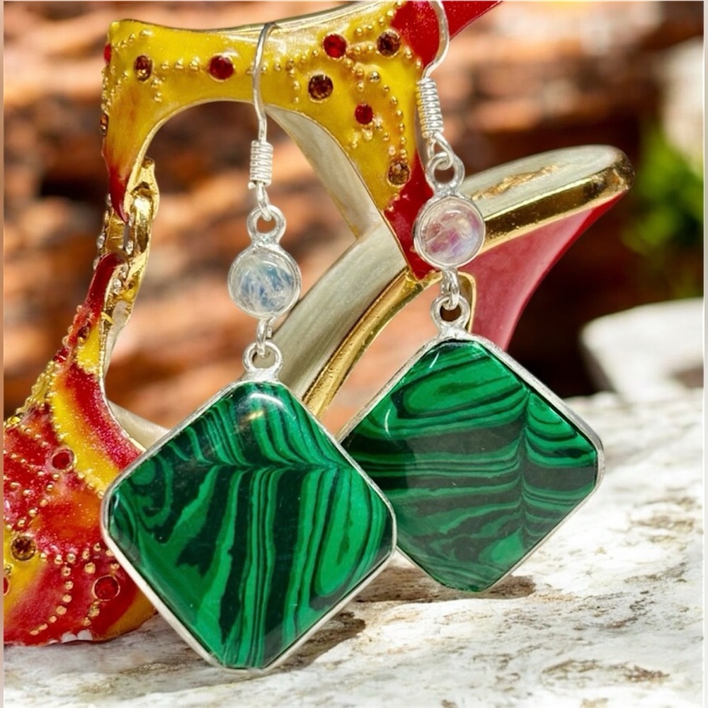 Green Malachite and Moonstone sterling Silver Dangle Earrings